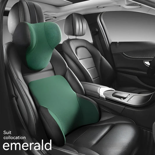 Memory foam car lumbar support pillow and headrest set in knitted fabric with hydrophobic latex filler