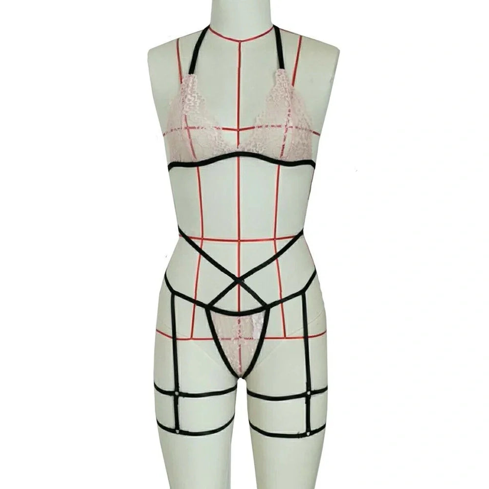 Pink nylon lace lingerie set with adjustable leg straps in three-point design