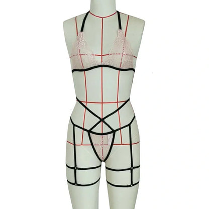 Pink nylon lace lingerie set with adjustable leg straps in three-point design