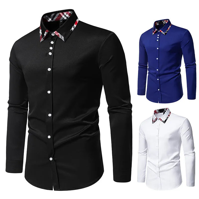 Men's plaid long sleeve shirt with triangle collar in blue, black, or white, showing contrast colour details and casual style.
