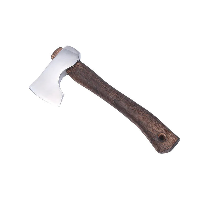 Camping axe with wooden handle and high carbon steel head on a log, showing its 250mm length.