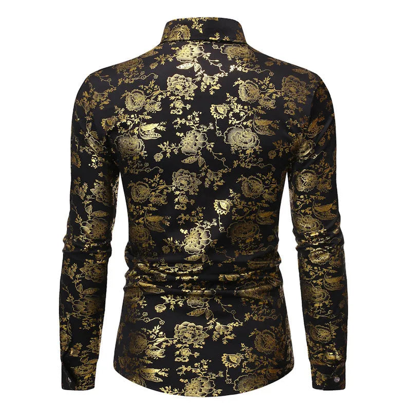 Men's wine red lapel shirt with metal bronzing print on collar, cardigan style with long sleeves