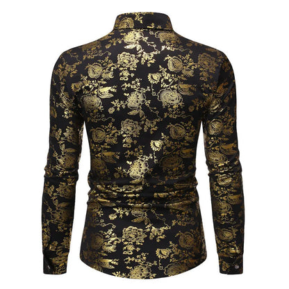 Men's wine red lapel shirt with metal bronzing print on collar, cardigan style with long sleeves