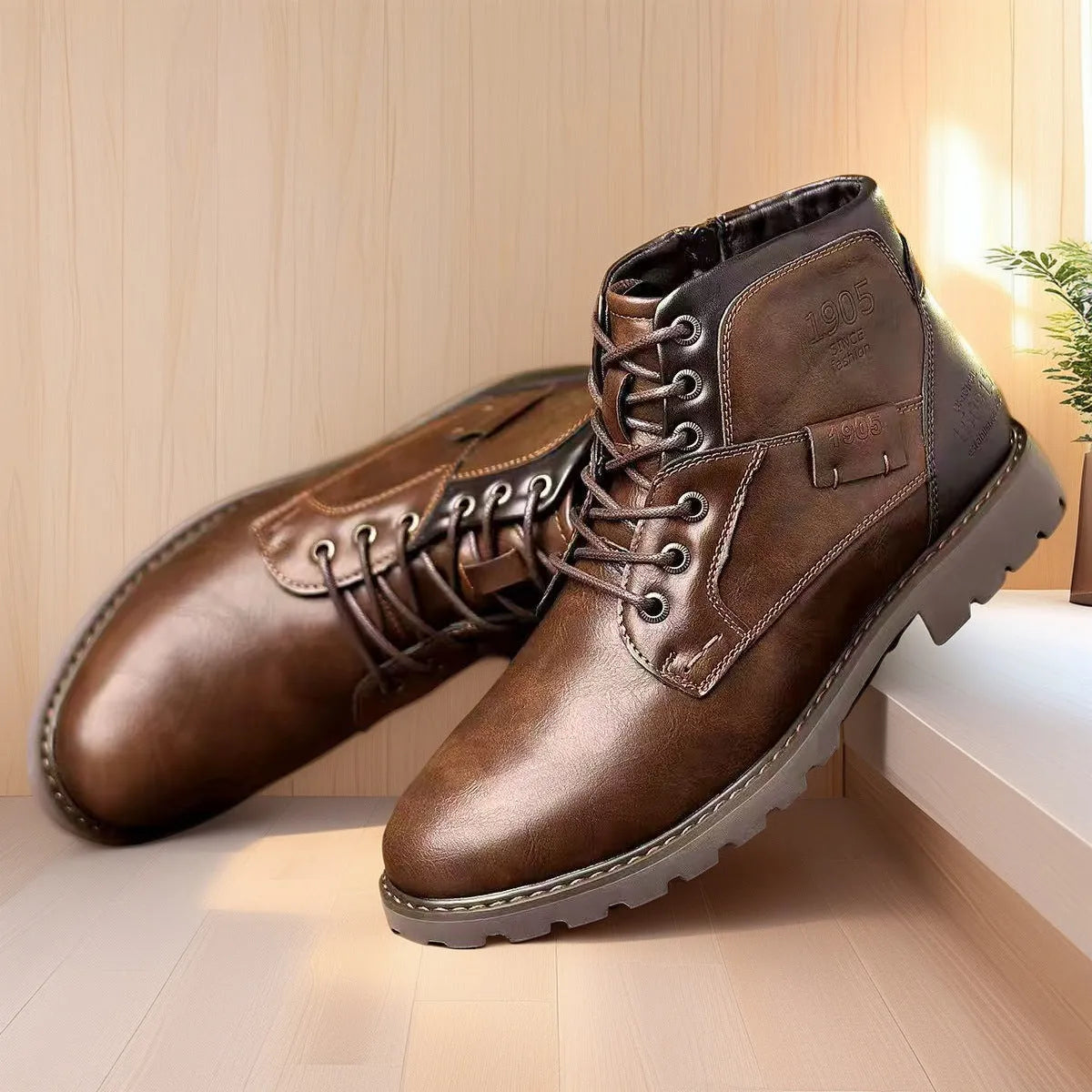 Men's brown ankle boots with side zip fastening and round toe design