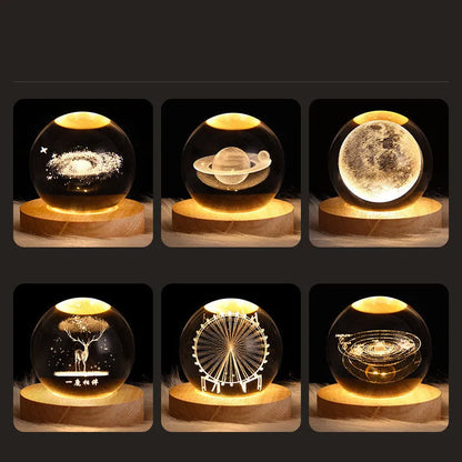 Crystal ball night light projecting 3D starry sky and planets with solid wood base