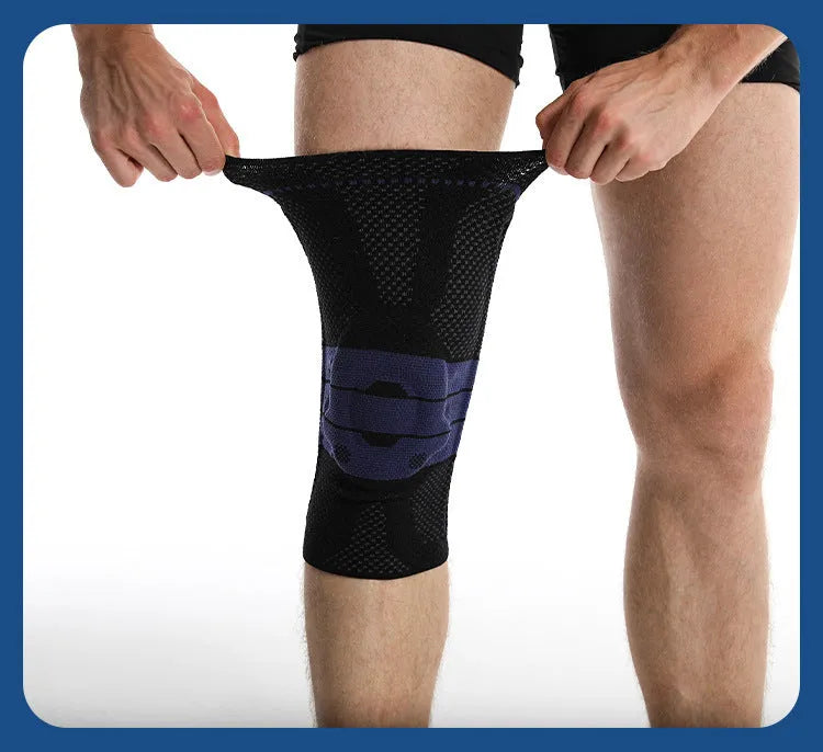 Black and blue adult sports knee pads made from nylon and spandex for running and basketball.