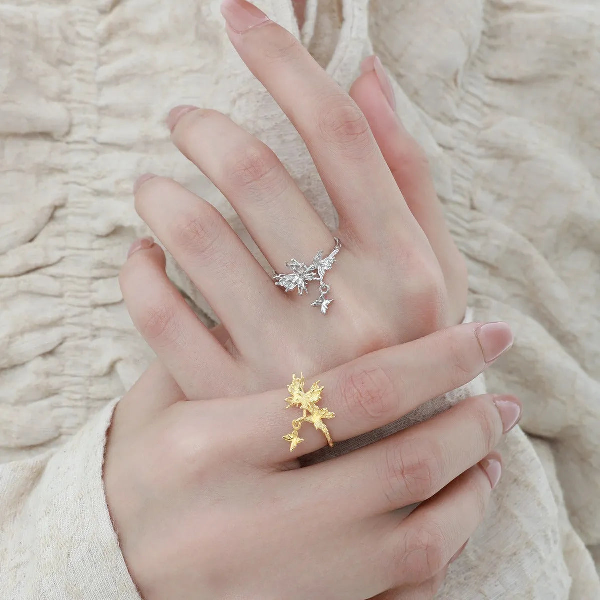 Original design wild butterfly silver ring with adjustable opening, shown in white gold and 18K gold colour options.