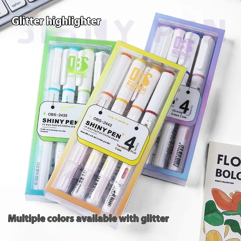 Sparkling Star River Highlighter set with 4mm slanted tip and glitter ink in six shades including taro puff and mung bean smoothie.