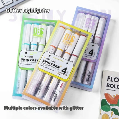 Sparkling Star River Highlighter set with 4mm slanted tip and glitter ink in six shades including taro puff and mung bean smoothie.