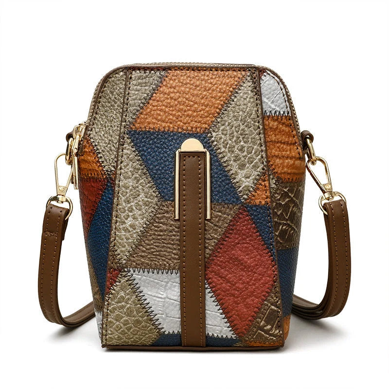 Premium PU leather shoulder bag with trendy stitching details, available in irregular blue with brown or black color options