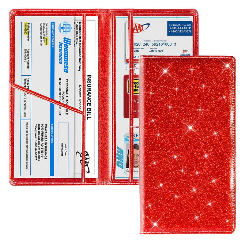 Purple PU leather car document wallet for holding a V5C registration document and insurance certificate.