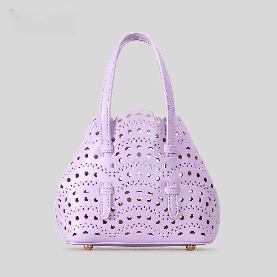 Hollow carved PU messenger tote bag with three straps in horizontal square shape
