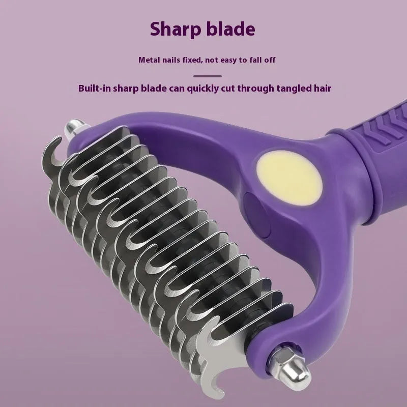 Purple plastic double-sided pet comb for removing knots and tangles from dog and cat fur