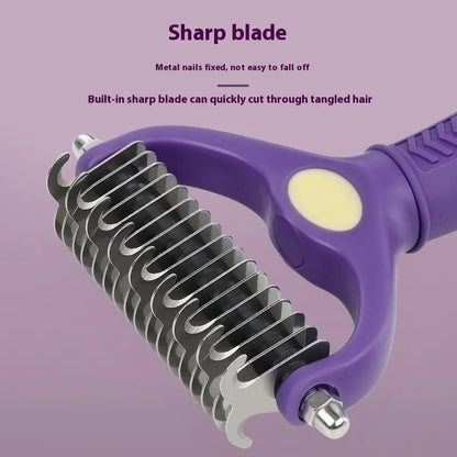 Purple plastic double-sided pet comb for removing knots and tangles from dog and cat fur