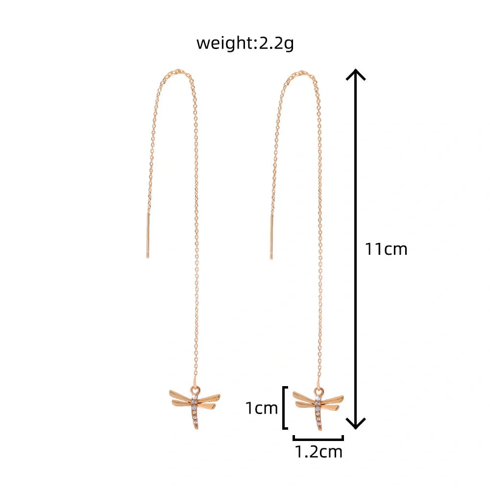 Gold Copper Dragonfly Earrings with Zircon Long Tassel - Unique Fashion Jewelry