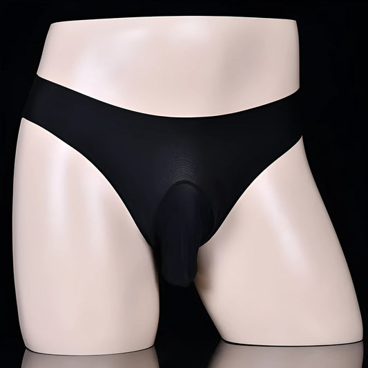 Men's black ice silk underwear briefs with open gun egg back design on a neutral background