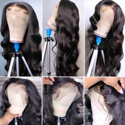 Brazilian human hair lace front wig with body wave texture showing natural hairline and 13x4 inch parting space