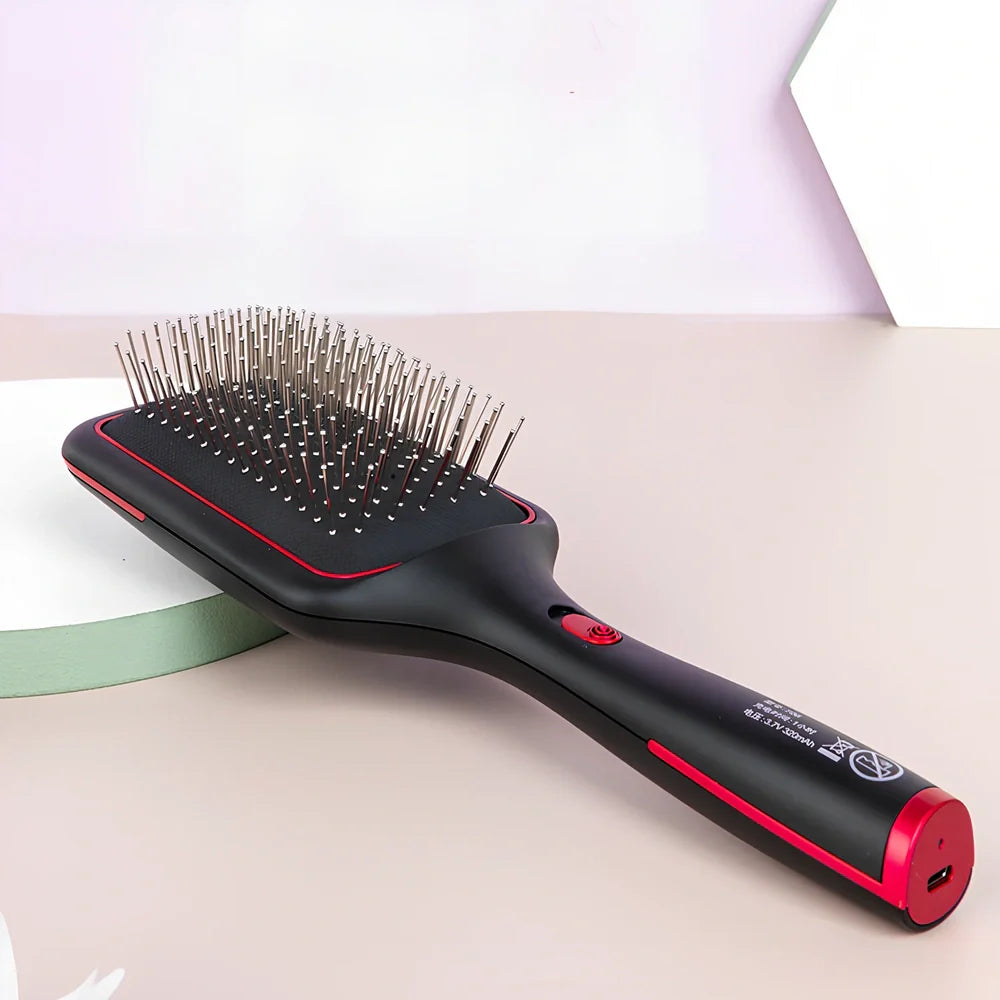 Black wireless straight hair comb with tourmaline ceramic 15mm heating element and magnetic massage points