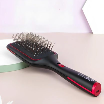 Black wireless straight hair comb with tourmaline ceramic 15mm heating element and magnetic massage points