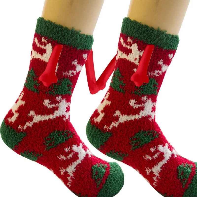 Christmas couple socks with magnetic connection feature and 3D animal patterns
