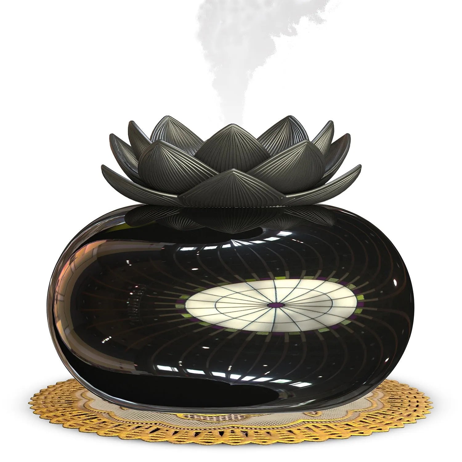 Round black Lotus ultrasonic humidifier with USB port and single mist outlet, ceramic construction
