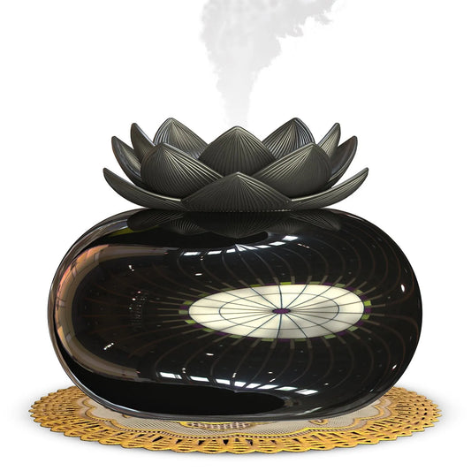 Round black Lotus ultrasonic humidifier with USB port and single mist outlet, ceramic construction
