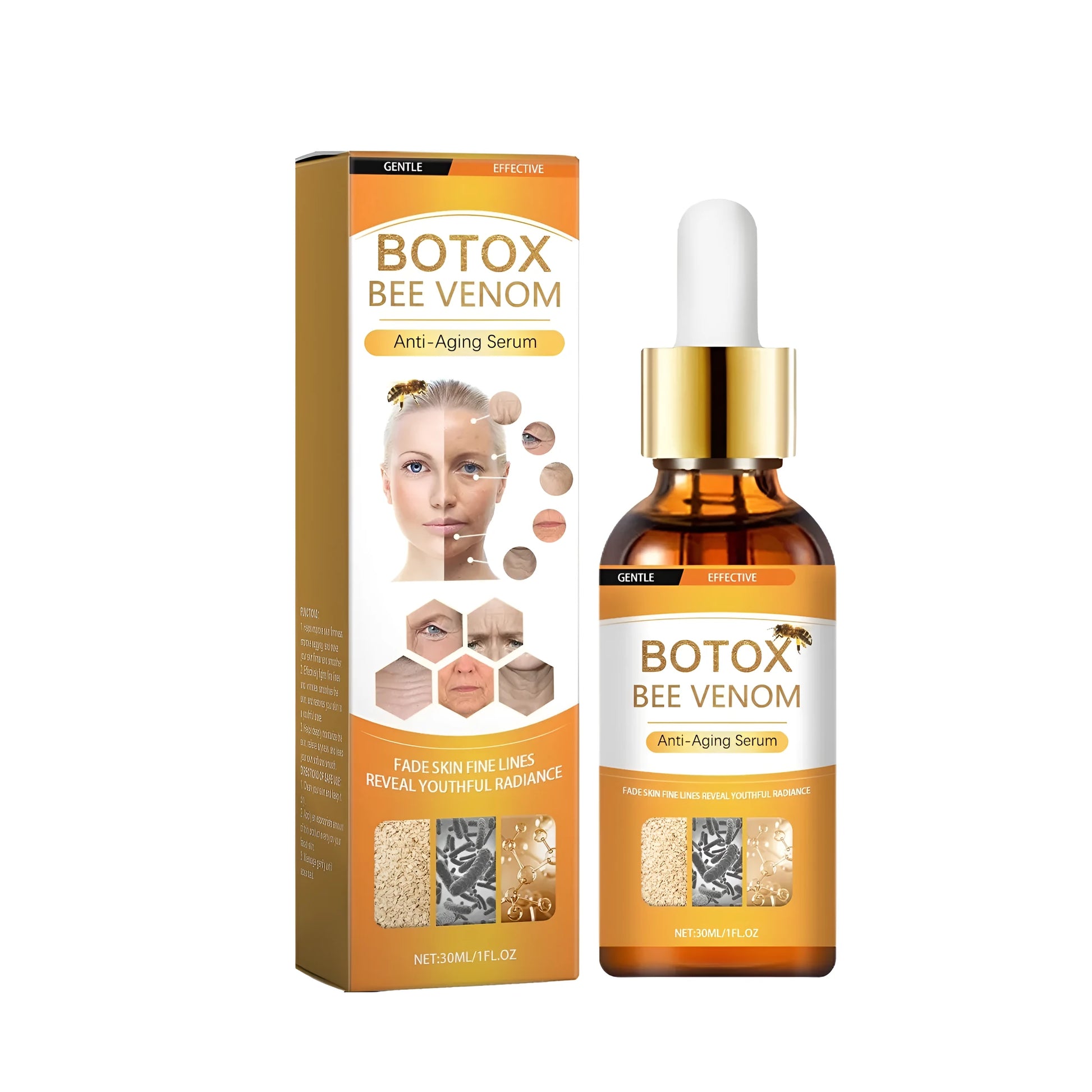 30ml bottle of anti ageing liquid serum with hyaluronic acid and bee venom.