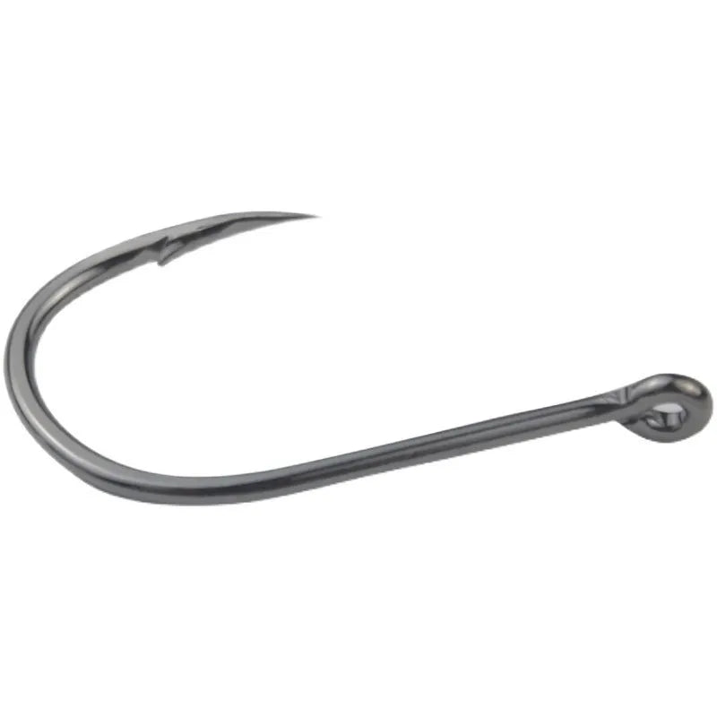 Bulk pack of alloy carbon steel sea fishing hooks with barbed crooked mouth design in various sizes.