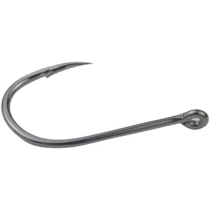 Bulk pack of alloy carbon steel sea fishing hooks with barbed crooked mouth design in various sizes.