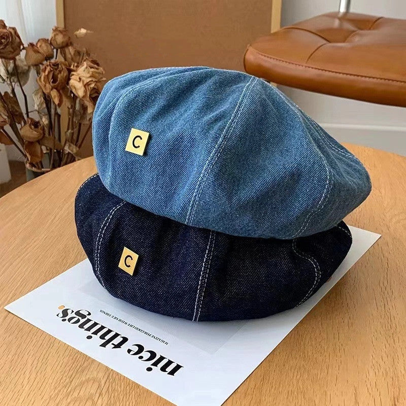 Japanese Cowboy Beret in light, medium, and dark denim with dome crown
