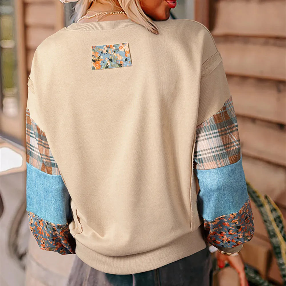 Women's plaid stitching long-sleeved polyester pullover top in loose fit beige and red colours