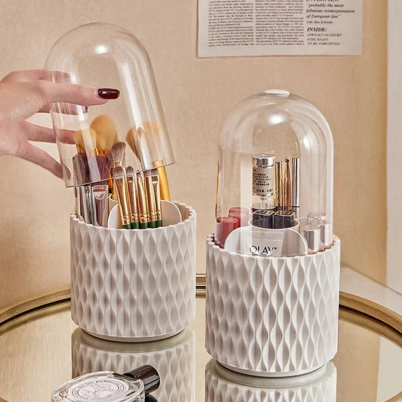 Rotating makeup brush holder with transparent cover, designed for organization and protection of cosmetic tools