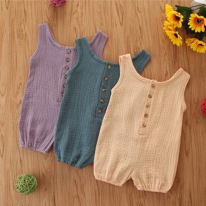 Sleeveless baby romper in beige, blue, or purple with 95% cotton fabric for summer infant wear