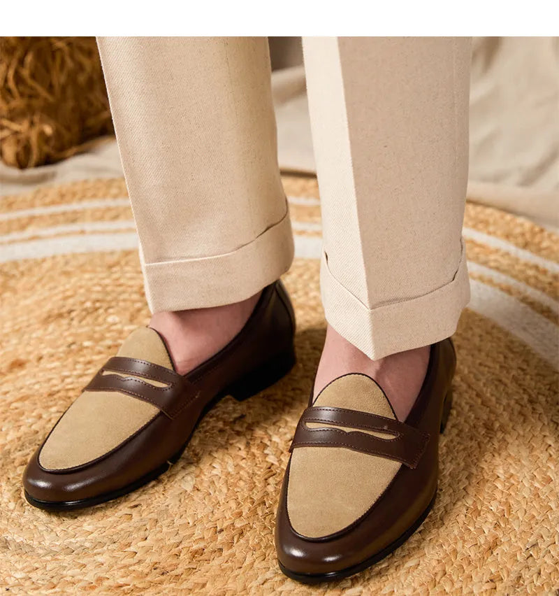 Coffee grey suede leather loafers with rubber sole and kick closure in British style