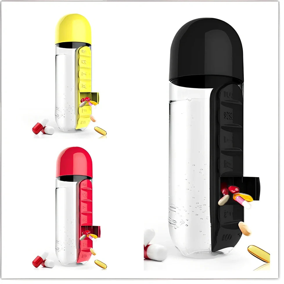 Two-in-one water cup with attached 7-day pill organiser showing daily compartments and screw-top lid