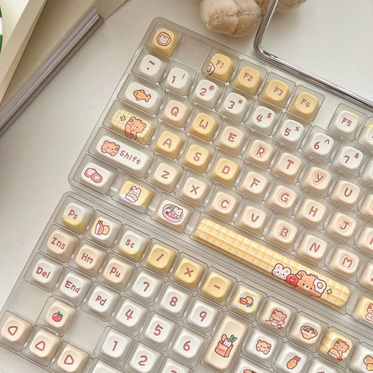 EOA height PBT keycap set with 140 pieces showing rabbit bear restaurant design applied through thermal sublimation process