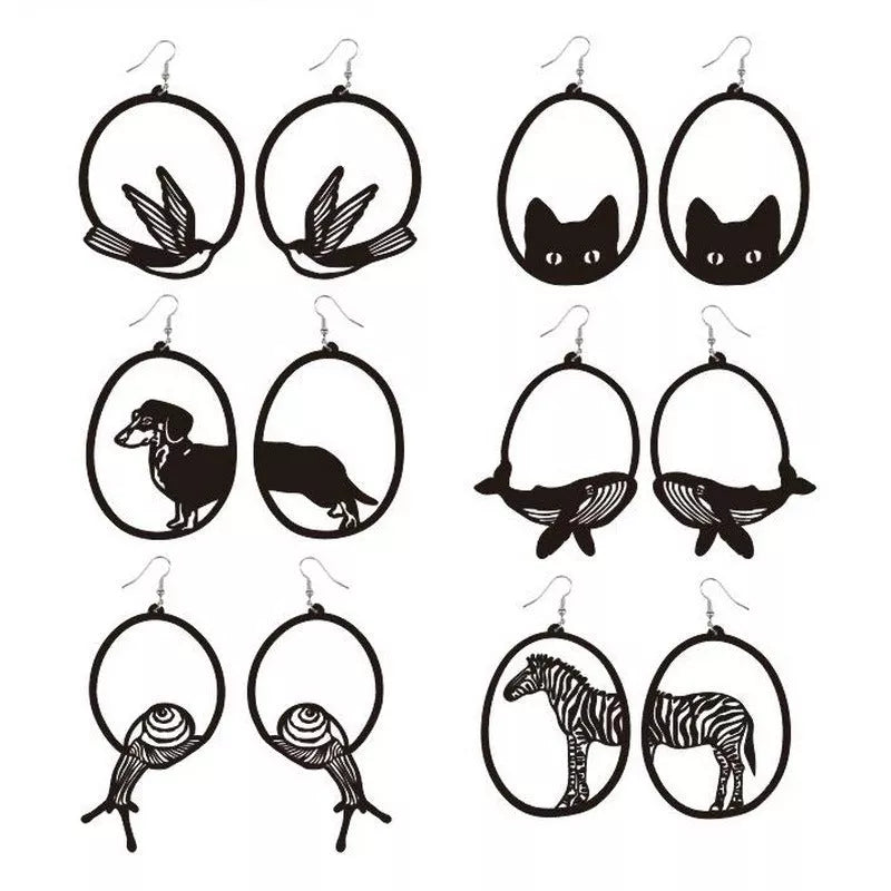 Black acrylic dangle earrings featuring unique animal and zodiac designs, lightweight and stylish.