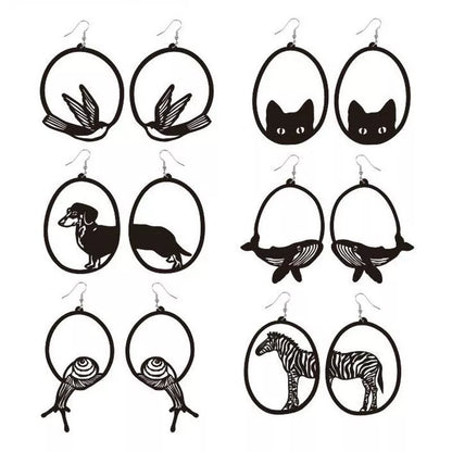 Black acrylic dangle earrings featuring unique animal and zodiac designs, lightweight and stylish.