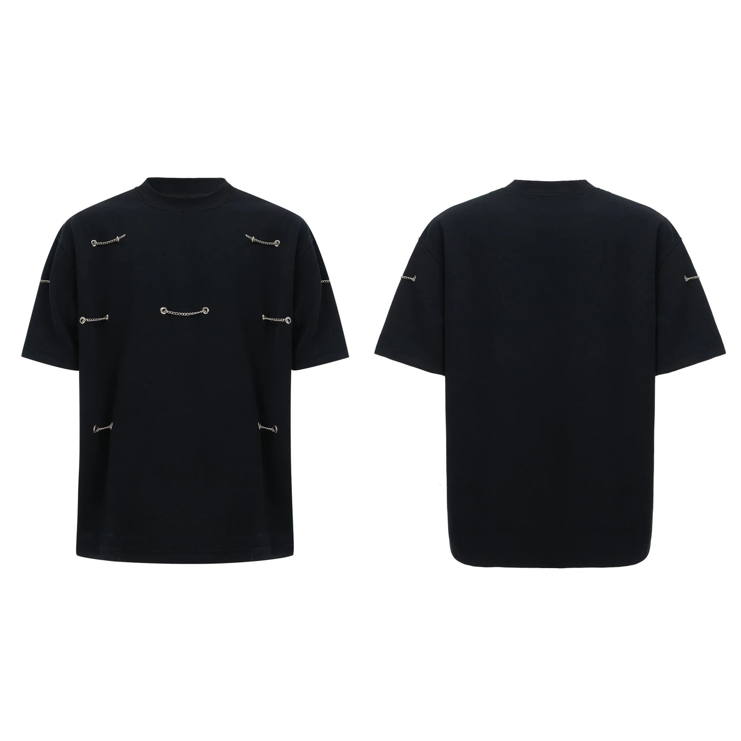 Black padded shoulder T-shirt with metal chain detail on model, showing short sleeves and round neck.