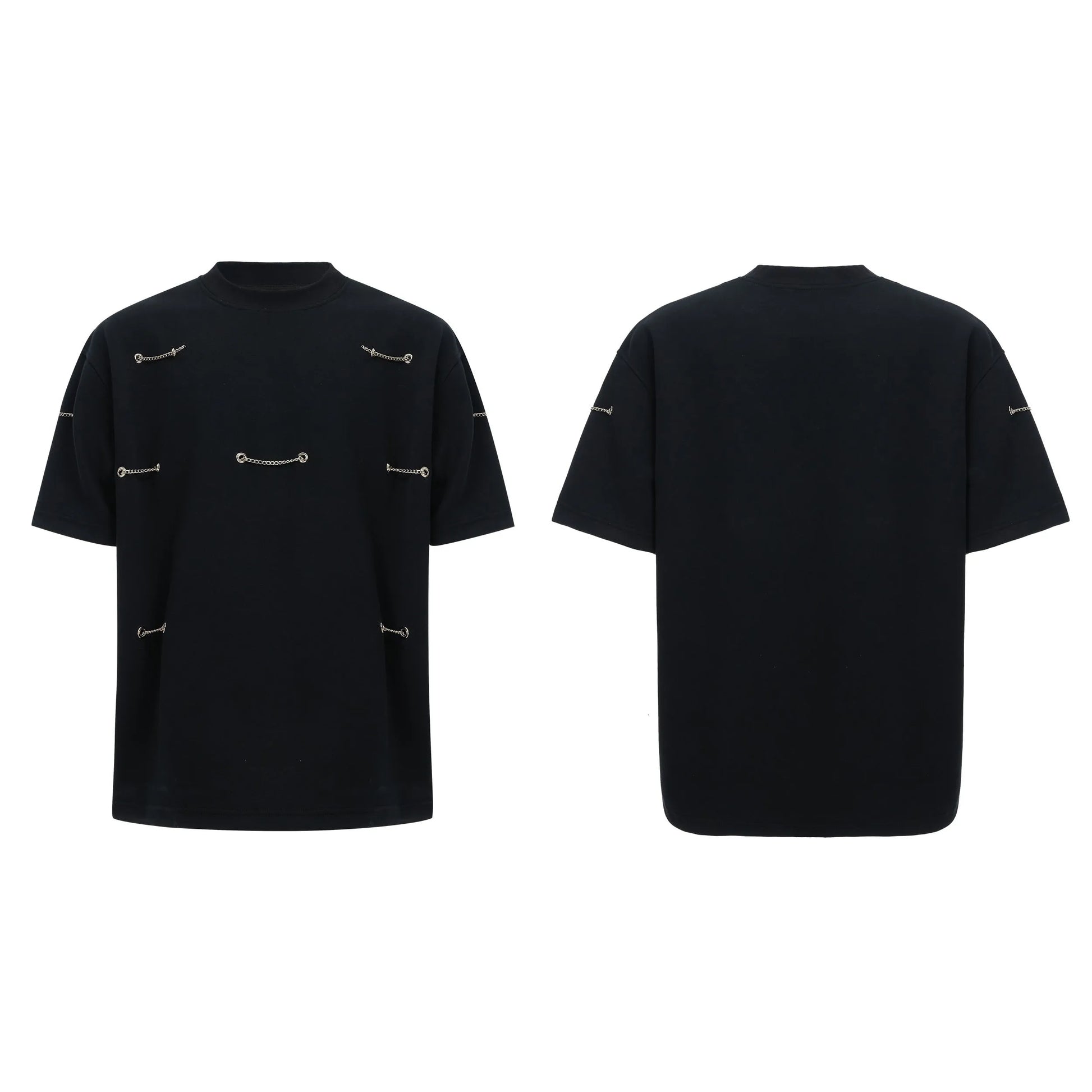 Black padded shoulder T-shirt with metal chain detail on model, showing short sleeves and round neck.