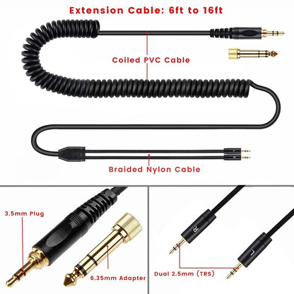 Black 1.8m replacement headset cable with double 25mm plug and spring connection for HE400i HE560