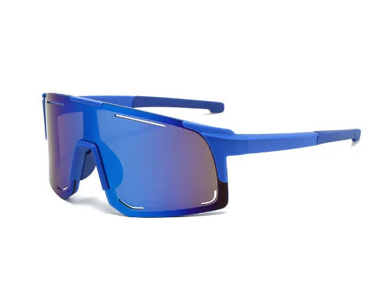 Square cycling sunglasses in black, blue, green, pink, or white frame with various lens films