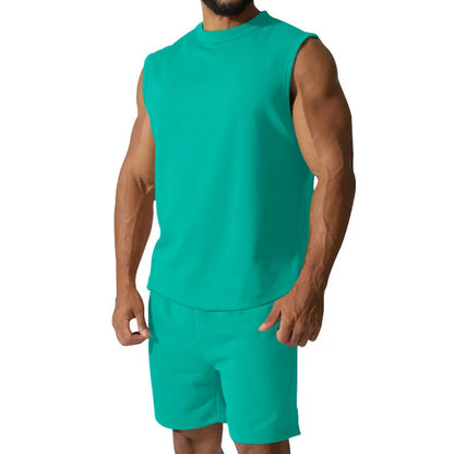Men's sleeveless cotton blend sports suit set with shorts in multiple solid colour options