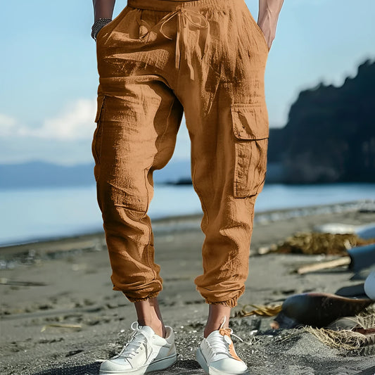 Men's linen trousers with ankle ties and multiple pockets in solid colour