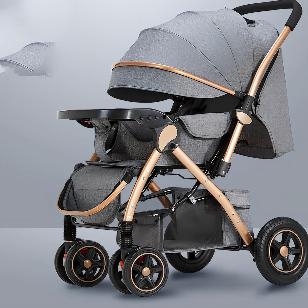 Baby stroller gift box in local gold frame with khaki blended fabric and 20cm rubber rear wheels for newborn use