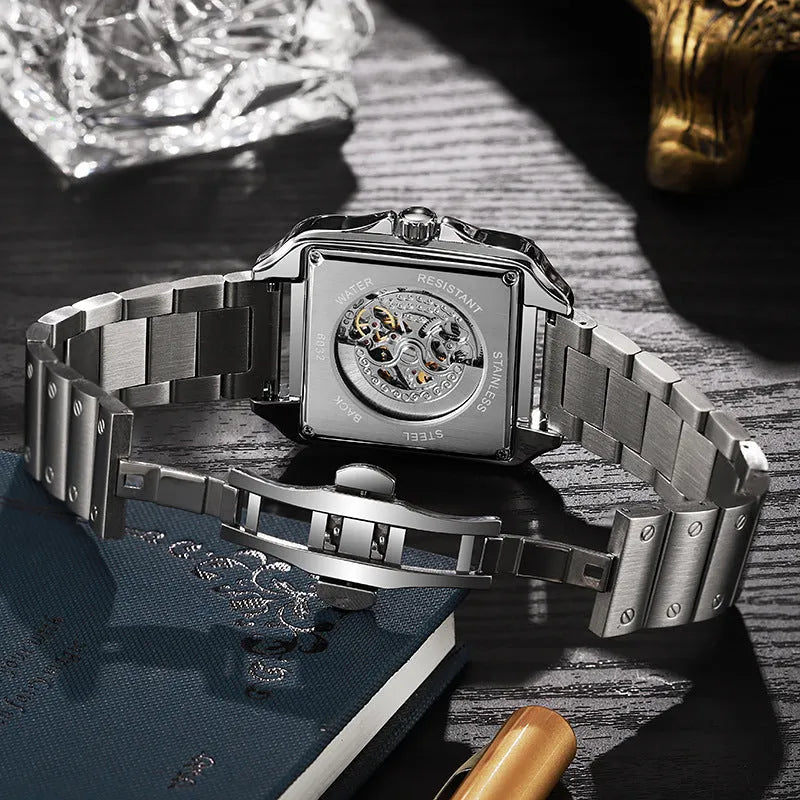 Square automatic watch with diamond-studded design on 6066A stainless steel belt for men's business wear