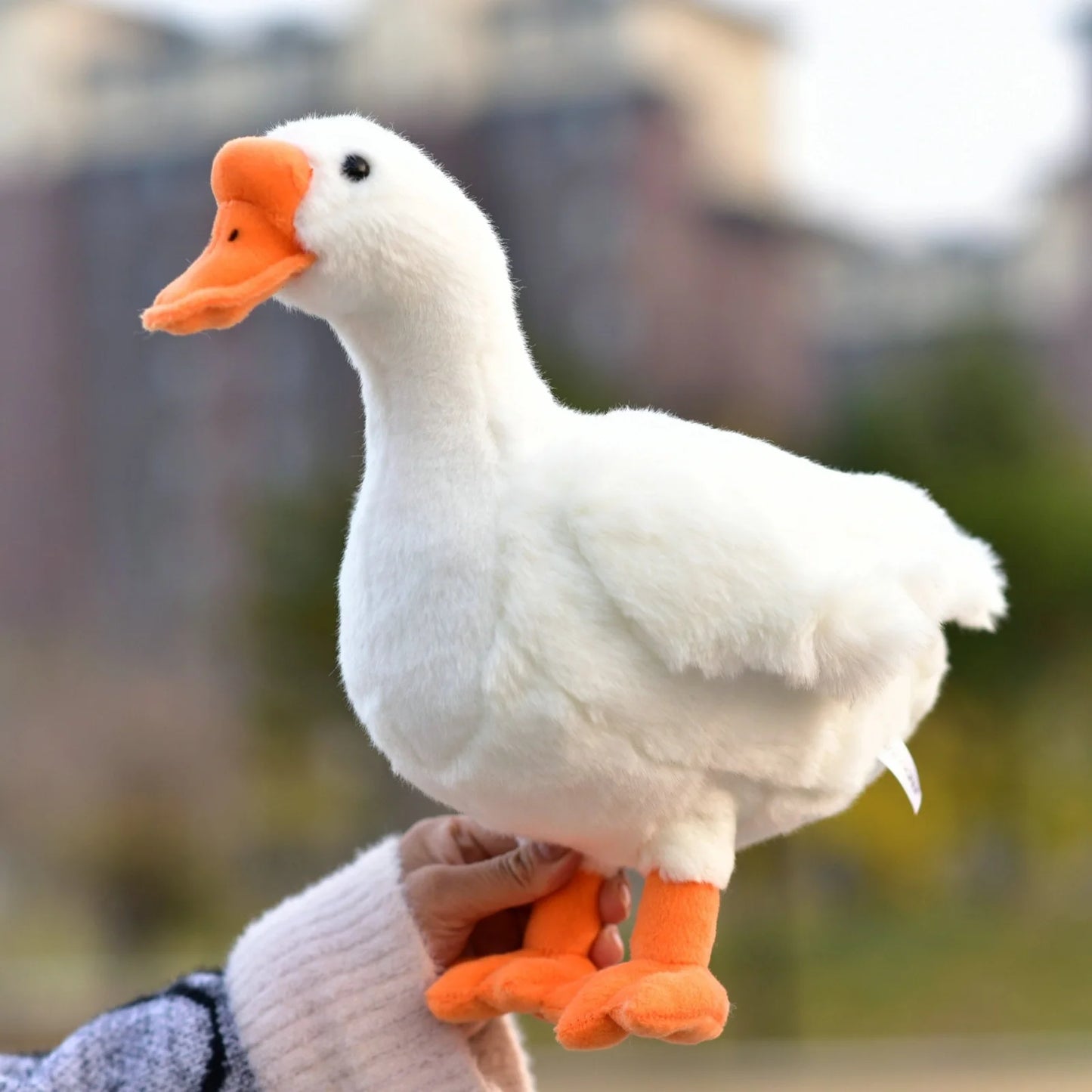 White plush goose doll approximately 33cm tall with realistic features and soft texture