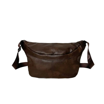 Retro style brown men's crossbody messenger bag showing storage compartments and 50cm width dimensions
