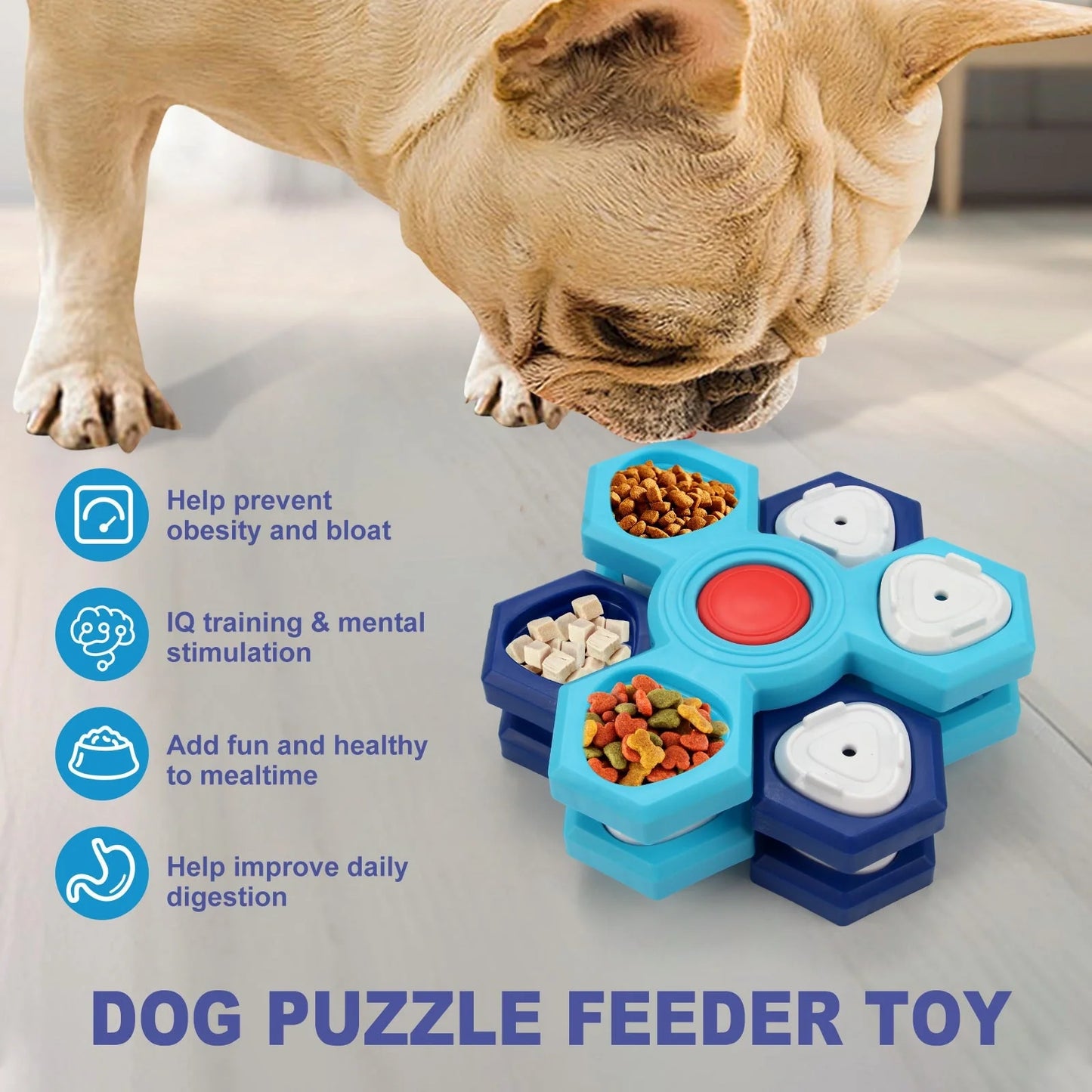 Blue 4-layer slow feeder puzzle dog bowl for healthy eating habits