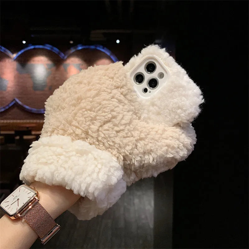 Brown glove plush phone case for Apple iPhone with TPU back cover and cold protection plush glove